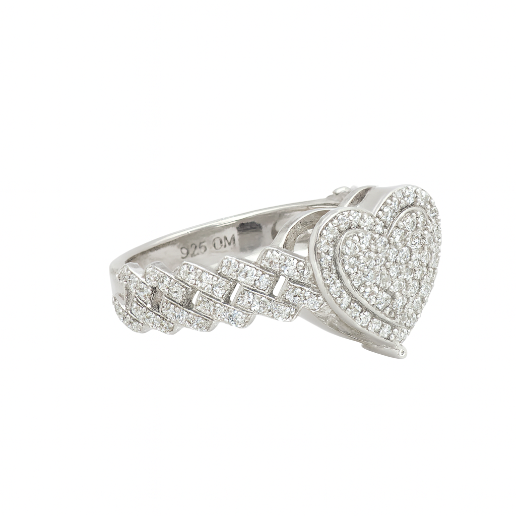 Sterling Silver Heart Pavé Ring with Cuban Style Band