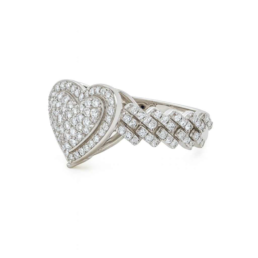 Sterling Silver Heart Pavé Ring with Cuban Style Band