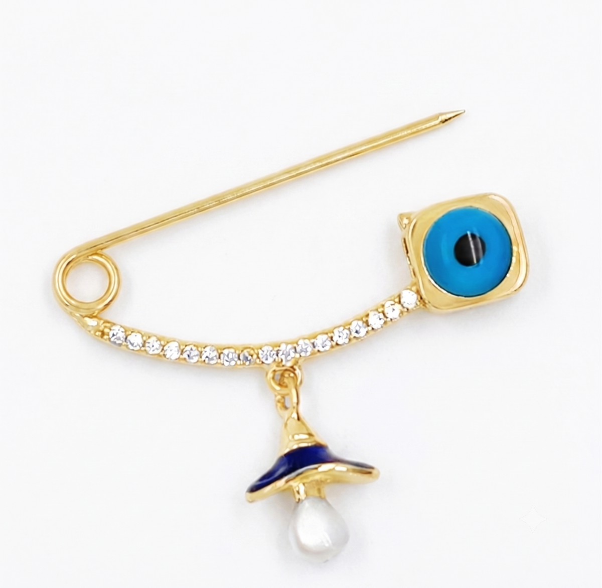 14k Gold Evil Eye Protection Safety Pin Brooch in 14K solid gold
