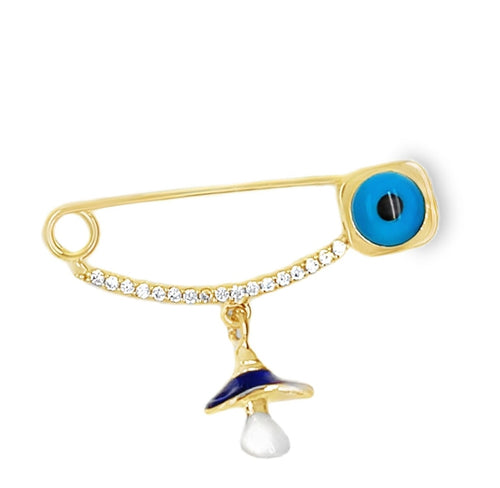 14k Gold Evil Eye Protection Safety Pin Brooch in 14K solid gold, view 2