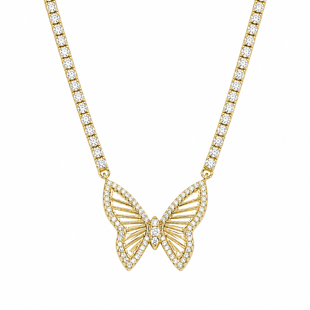 Butterfly Tennis Necklace in 925 sterling silver with moissanite or CZ
