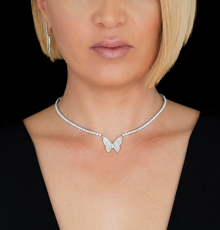 Butterfly Tennis Necklace in 925 sterling silver with moissanite or CZ, view 2