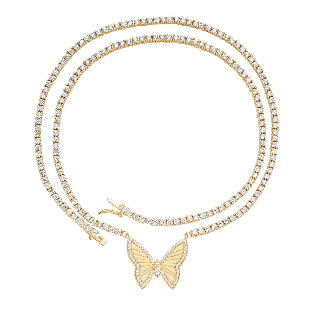 Butterfly Tennis Necklace in 925 sterling silver with moissanite or CZ, yellow gold tone