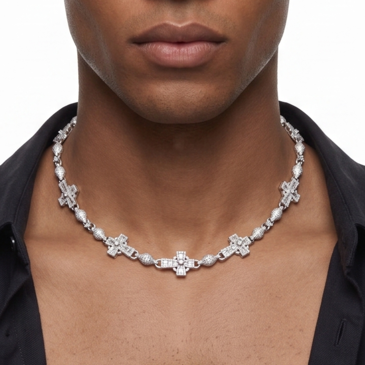 Cross Necklace in 925 sterling silver with lab-grown moissanite, view 2
