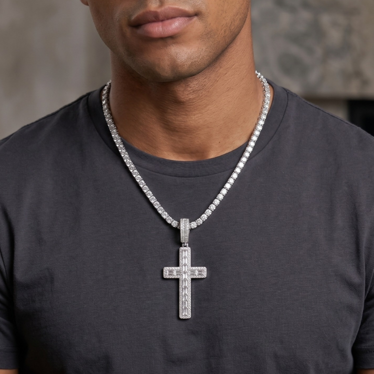 Cross Pendant in 925 sterling silver with lab-grown moissanite, view 2