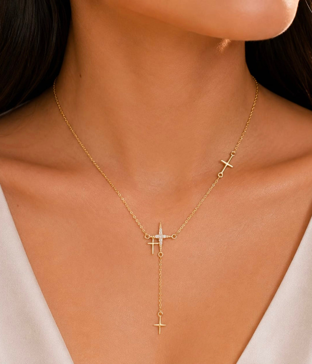 Cross Y Necklace in 925 sterling silver with cubic zirconia, view 2