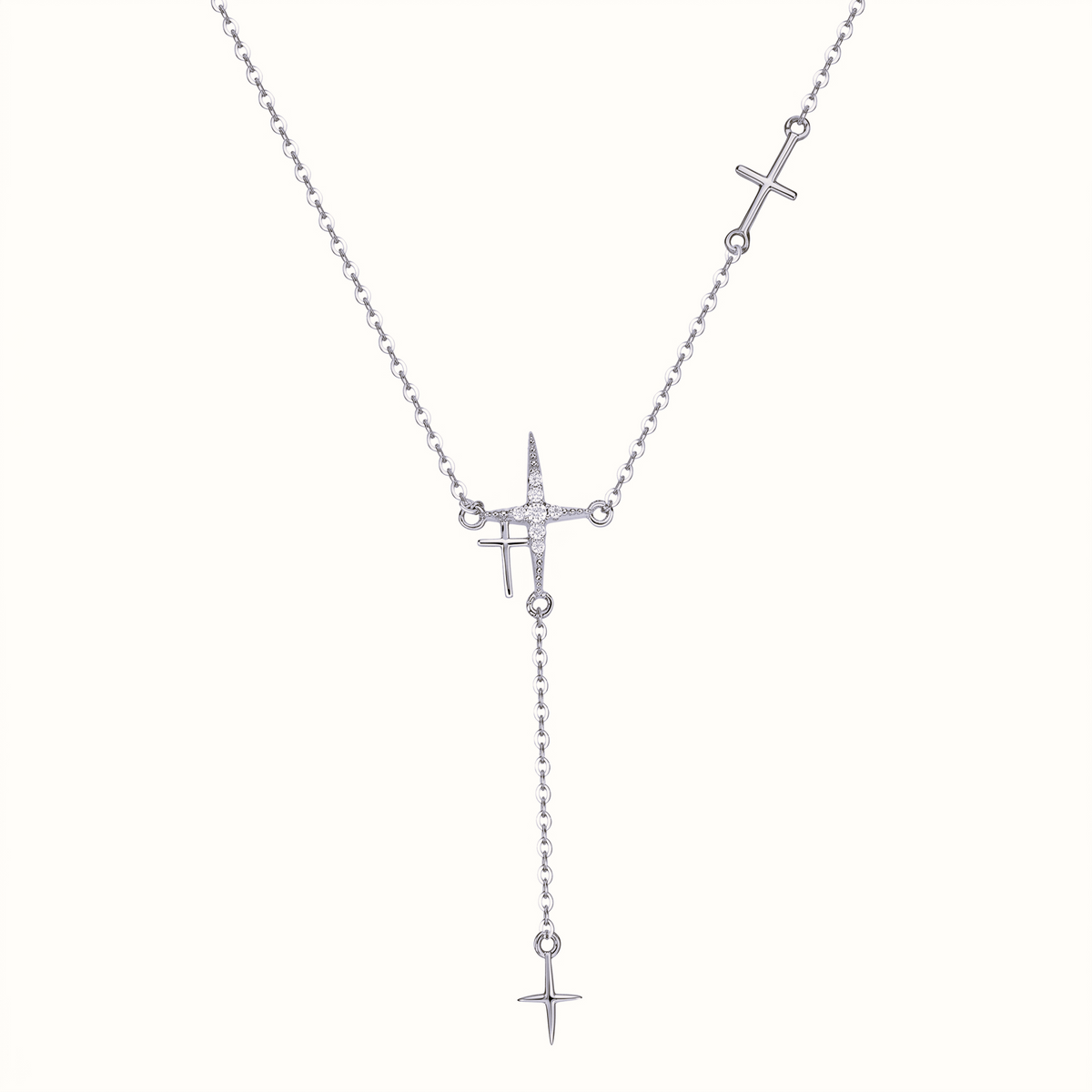 Cross Y Necklace in 925 sterling silver with cubic zirconia, silver tone