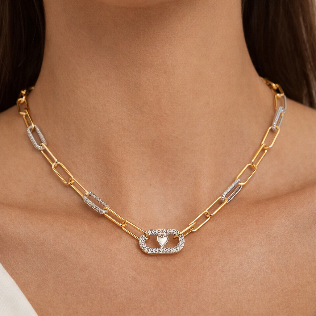 Floating Heart Necklace in 925 sterling silver with cubic zirconia, yellow gold tone