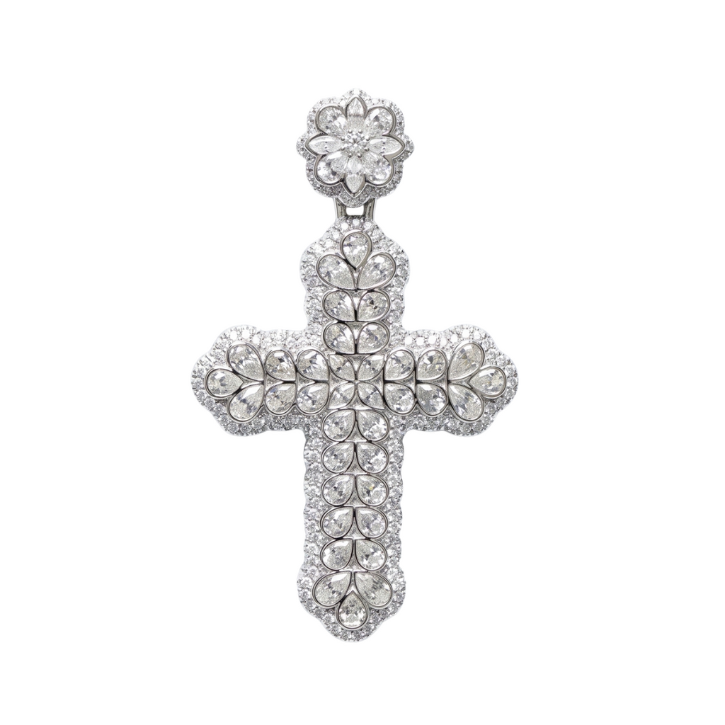 Floral Cross Pendant in 925 sterling silver with lab-grown moissanite