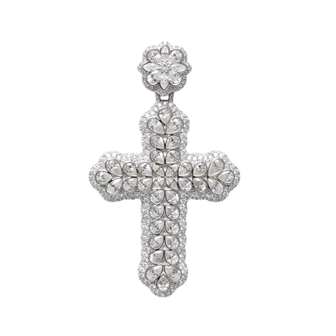 Floral Cross Pendant in 925 sterling silver with lab-grown moissanite