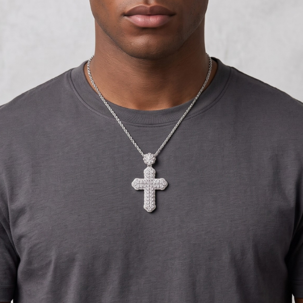 Floral Cross Pendant in 925 sterling silver with lab-grown moissanite, view 2