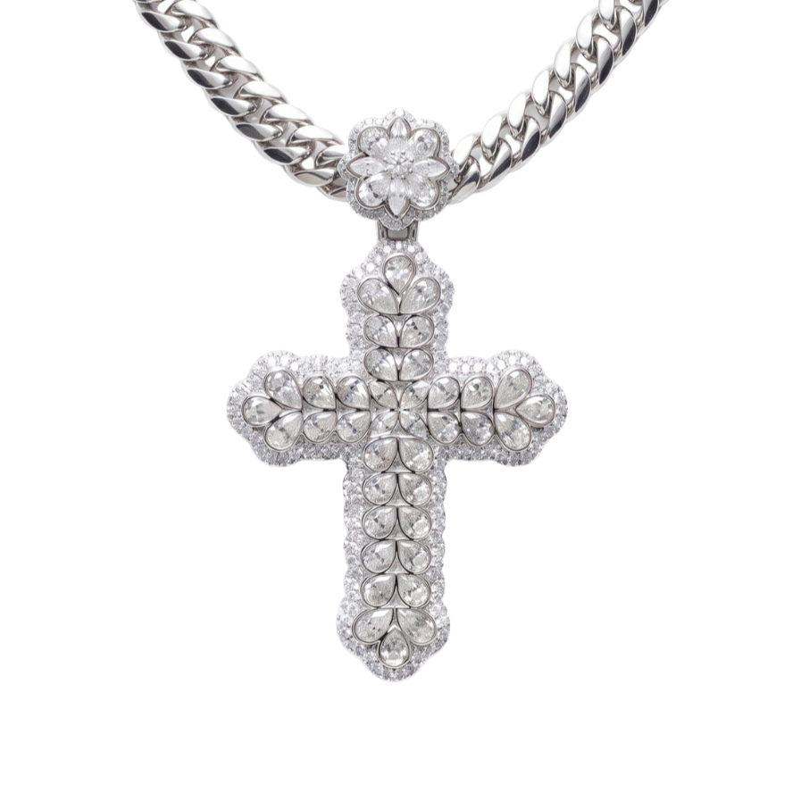 Floral Cross Pendant in 925 sterling silver with lab-grown moissanite, view 3