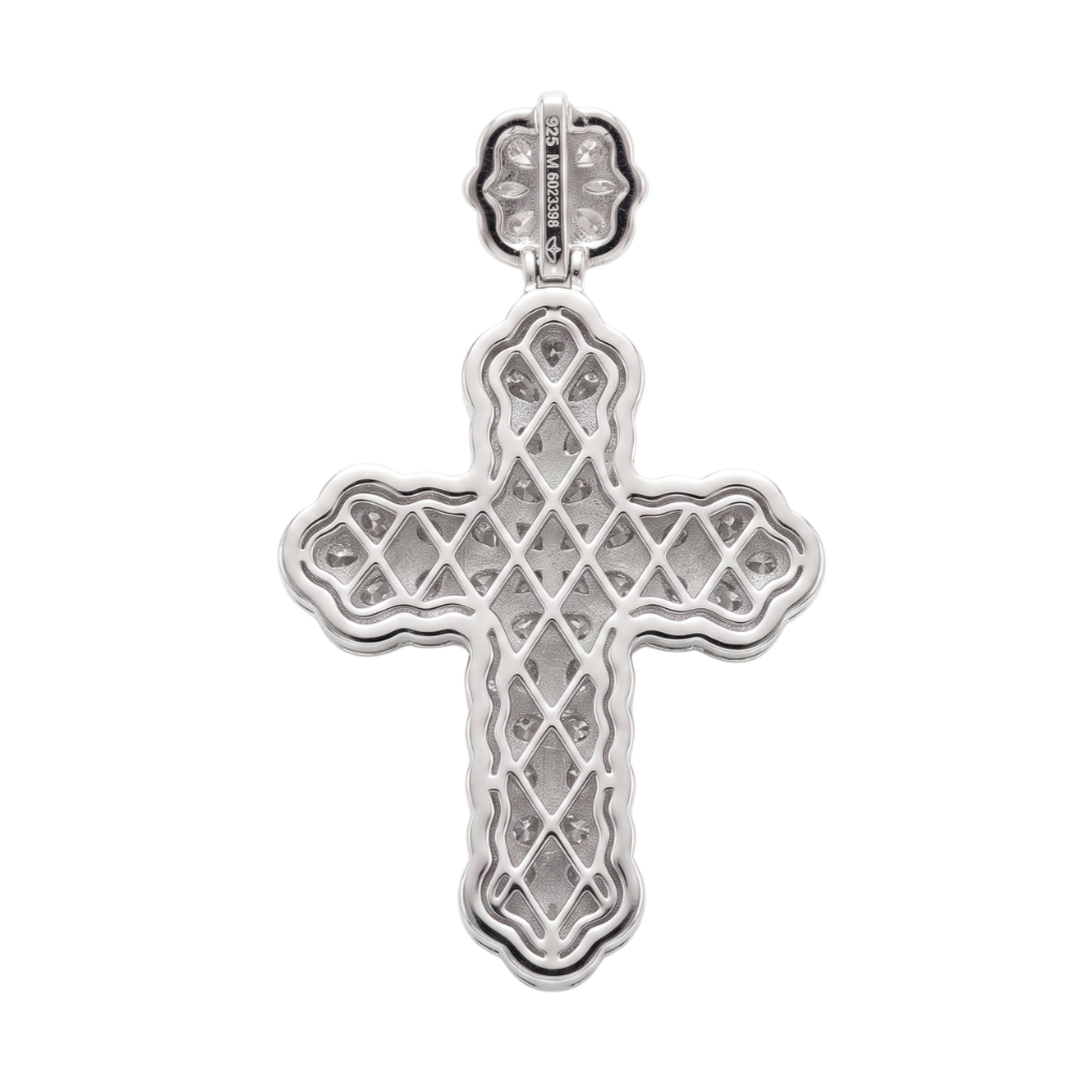 Floral Cross Pendant in 925 sterling silver with lab-grown moissanite, view 4