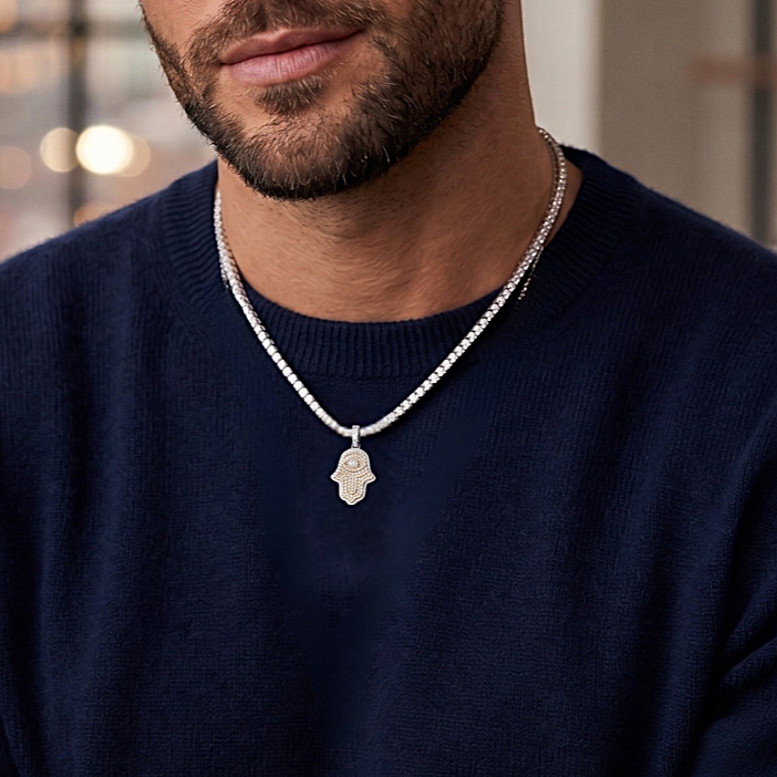 Hamsa Pendant in 925 sterling silver with lab-grown moissanite, view 2
