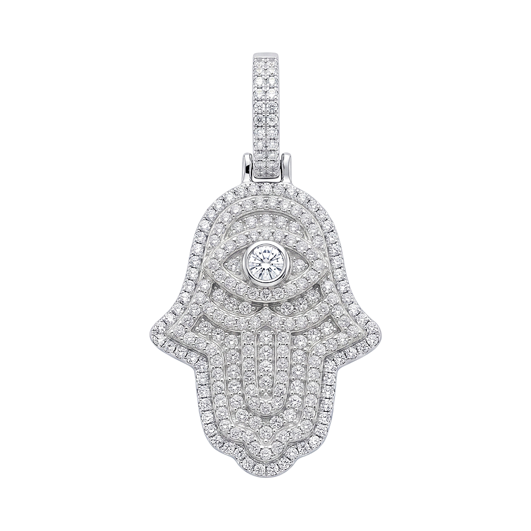 Hamsa Pendant in 925 sterling silver with lab-grown moissanite, view 3