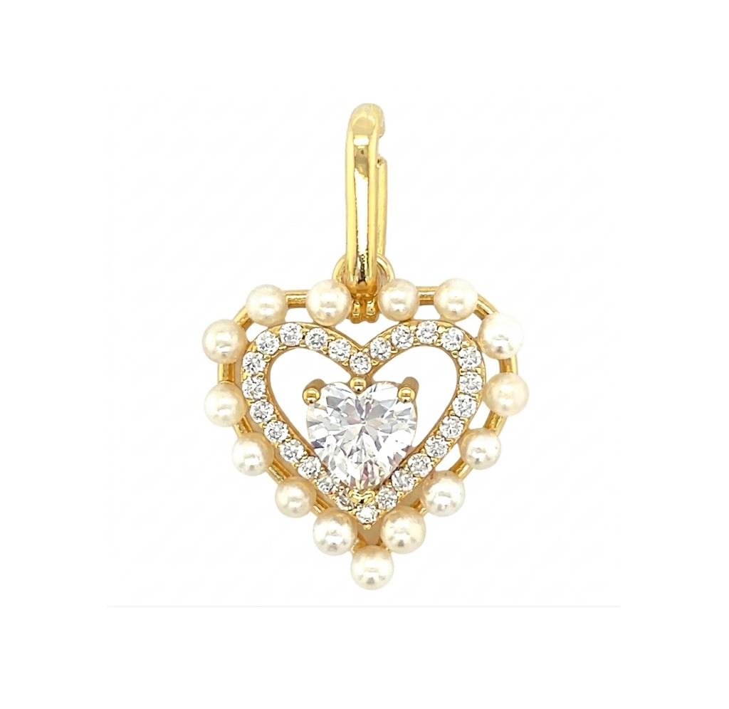 Heart Pearl Charm in 925 sterling silver with moissanite or CZ, yellow gold tone