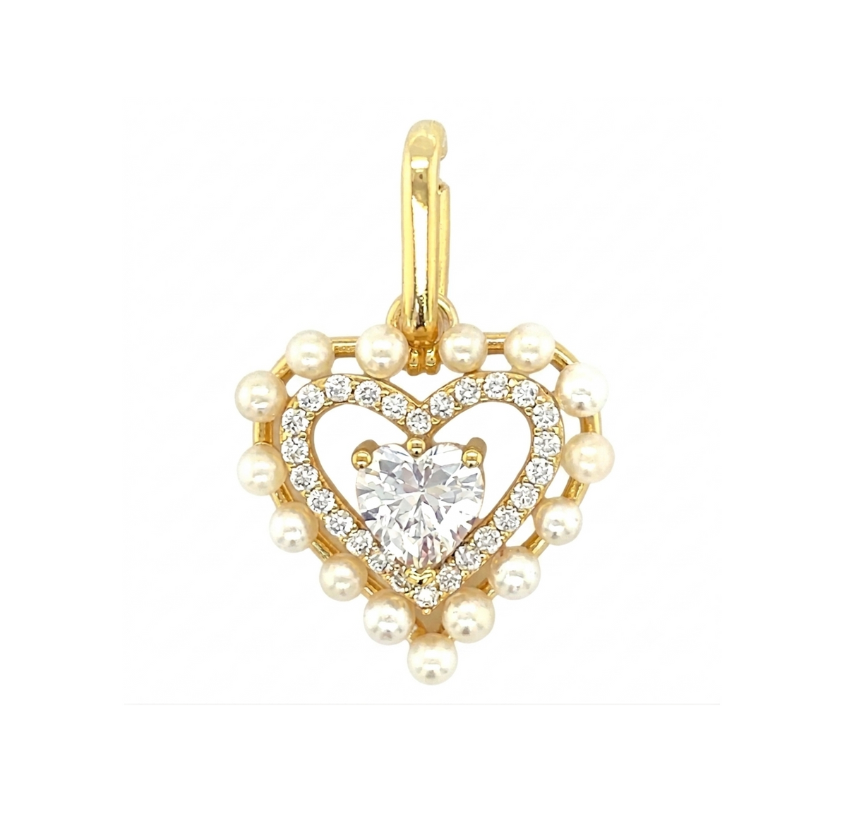 Heart Pearl Charm in 925 sterling silver with moissanite or CZ, yellow gold tone