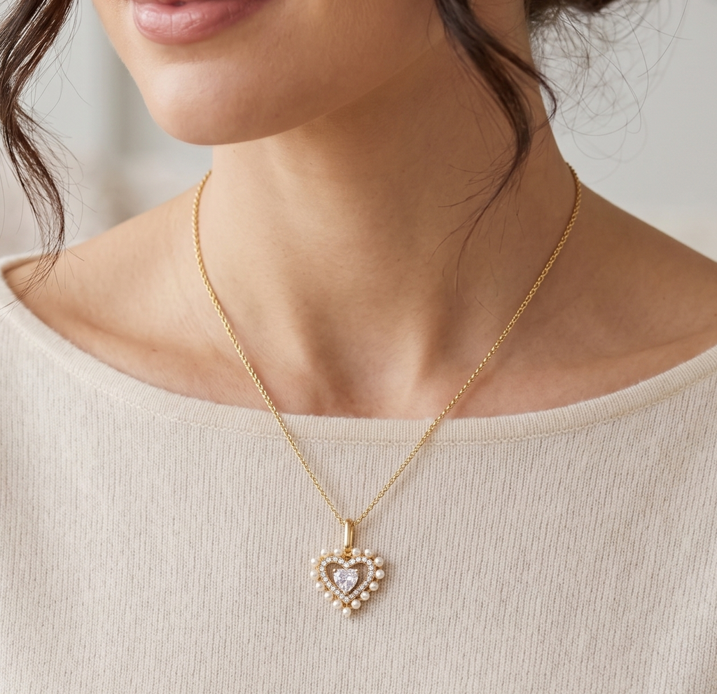 Heart Pearl Charm in 925 sterling silver with moissanite or CZ, worn on model