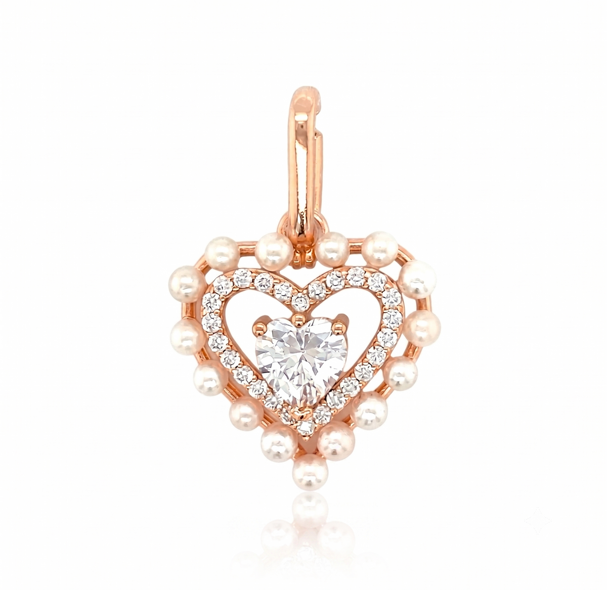 Heart Pearl Charm in 925 sterling silver with moissanite or CZ, rose gold tone