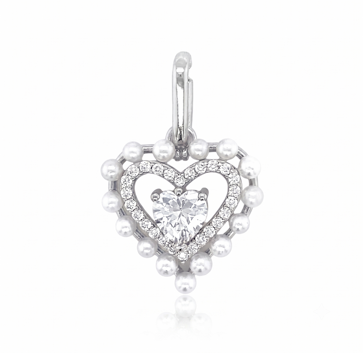 Heart Pearl Charm in 925 sterling silver with moissanite or CZ, silver tone