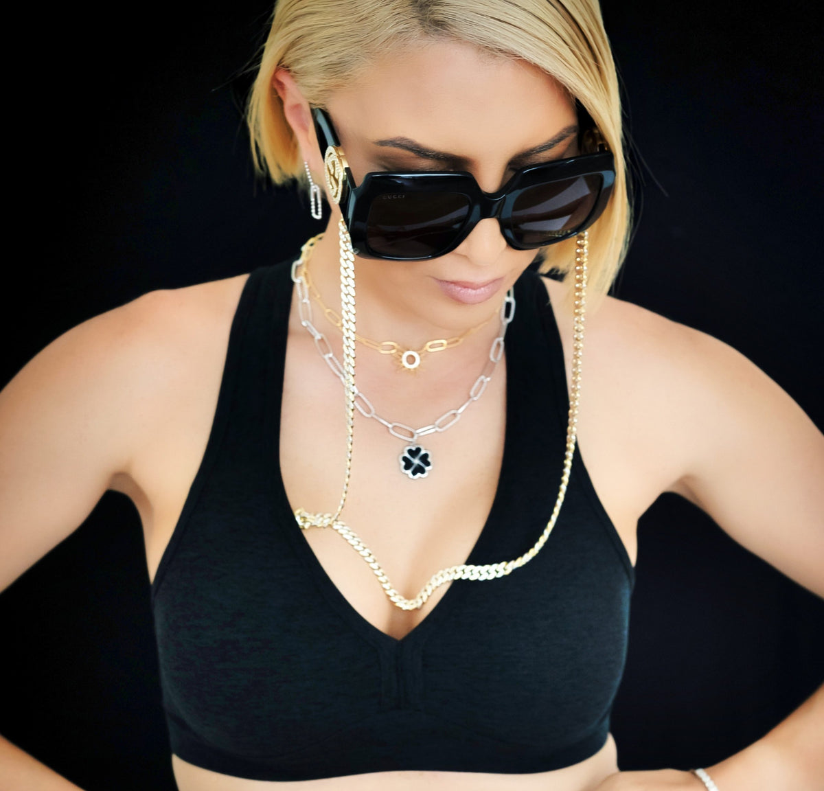 Iced Cuban Chain Sunglasses with moissanite-set Cuban chain frame, view 2