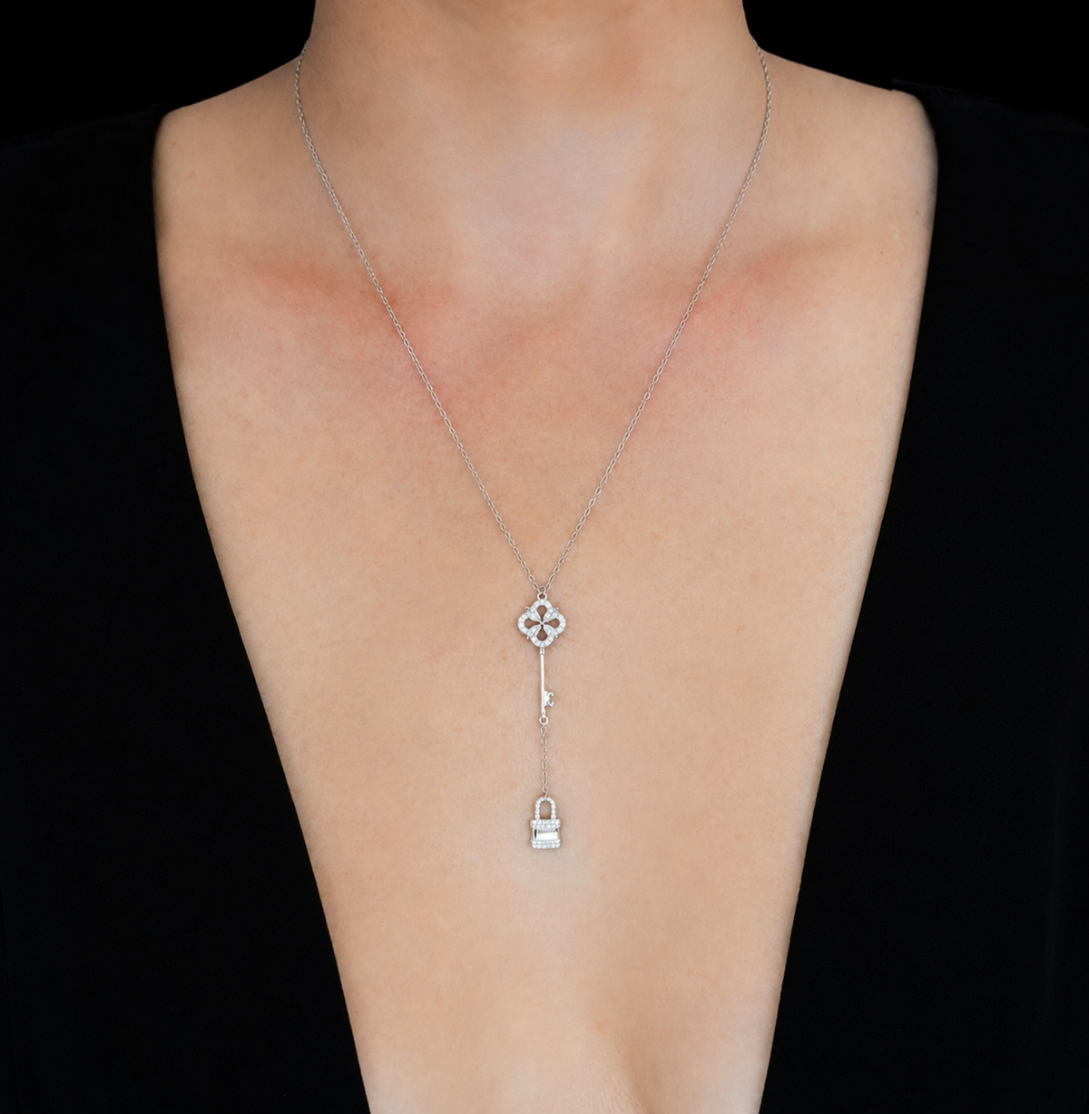 Lock & Key Necklace in 925 sterling silver with cubic zirconia, view 2
