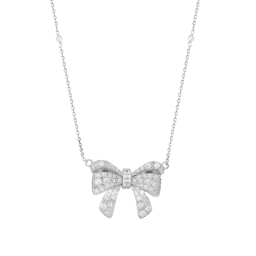 Pearl Bow Necklace in 925 sterling silver with moissanite or CZ, silver tone