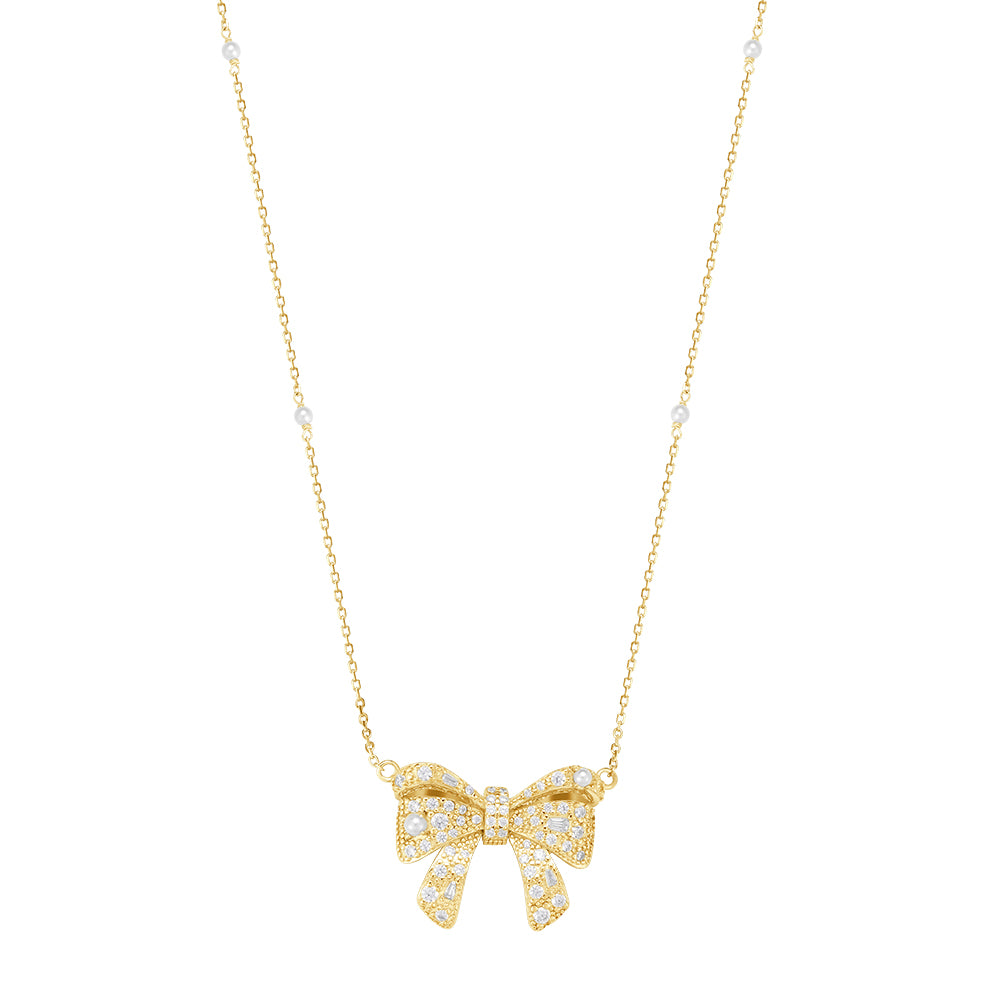 Pearl Bow Necklace in 925 sterling silver with moissanite or CZ, yellow gold tone