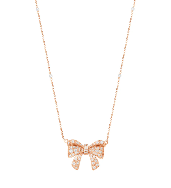 Pearl Bow Necklace in 925 sterling silver with moissanite or CZ, rose gold tone