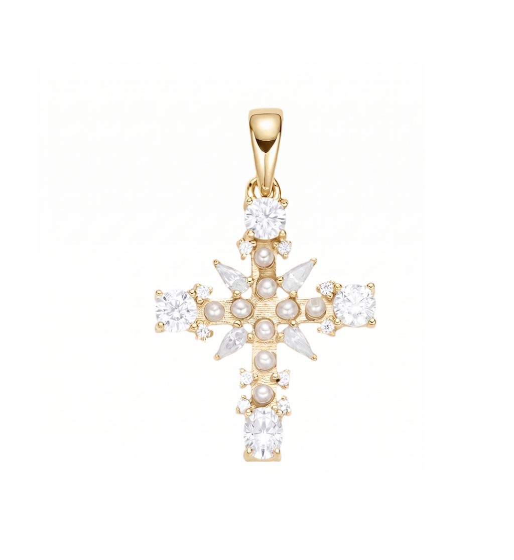 Pearl Cross Charm in 925 sterling silver with moissanite or CZ, yellow gold tone