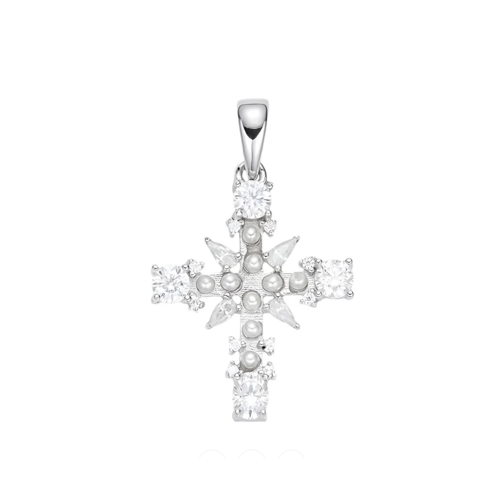 Pearl Cross Charm in 925 sterling silver with moissanite or CZ, view 3