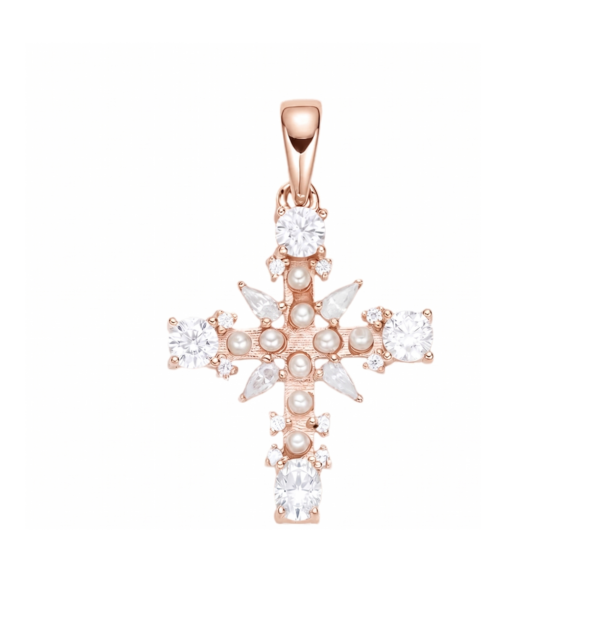 Pearl Cross Charm in 925 sterling silver with moissanite or CZ, rose gold tone