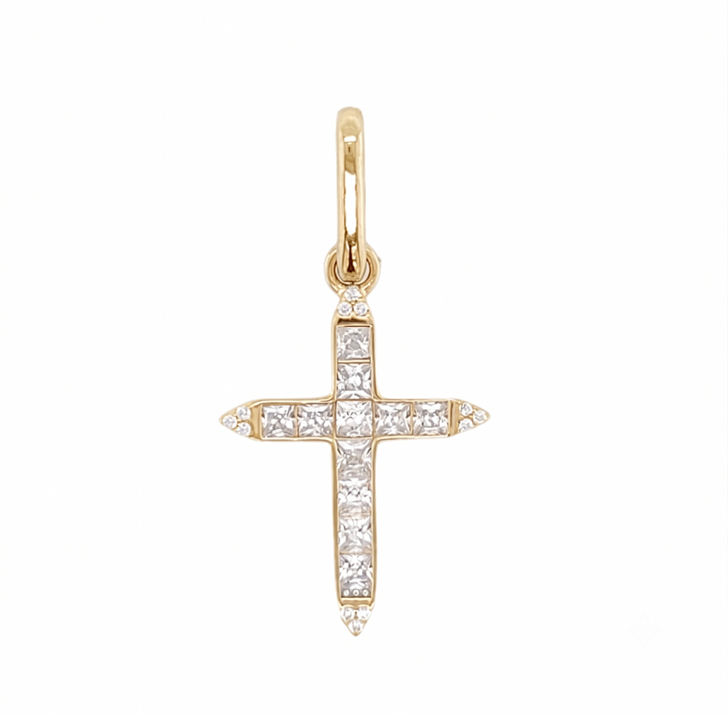 Princess Cut Cross in 14K gold or sterling silver, yellow gold tone