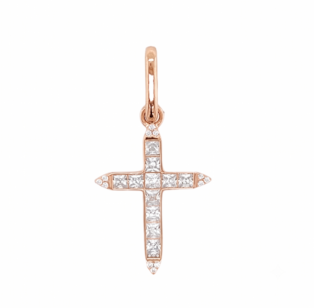 Princess Cut Cross in 14K gold or sterling silver, rose gold tone
