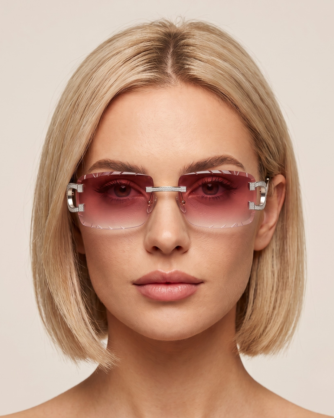 The Riviera Rimless Sunglasses with moissanite-set temples and stainless steel arms, worn on model