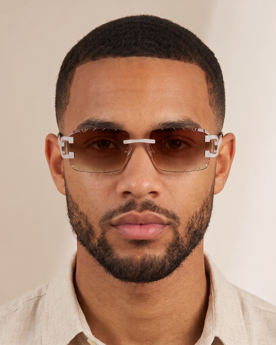 The Riviera Rimless Sunglasses with moissanite-set temples and stainless steel arms, view 11