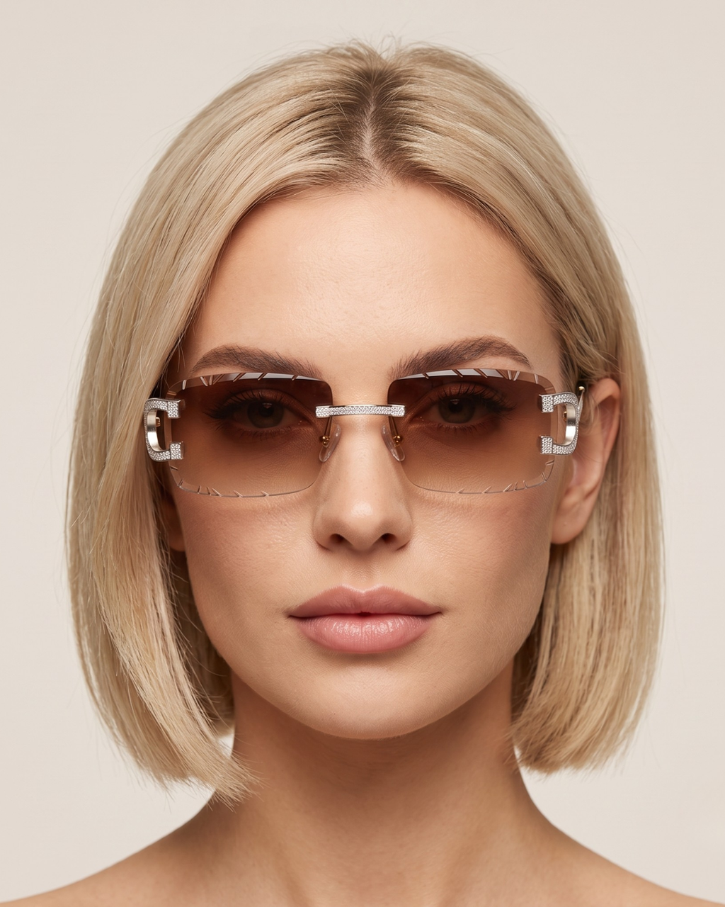 The Riviera Rimless Sunglasses with moissanite-set temples and stainless steel arms, worn on model