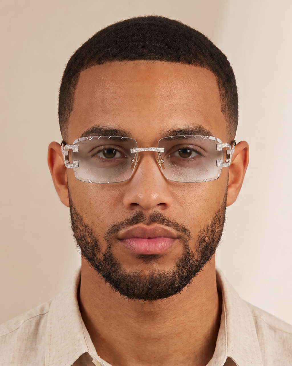 The Riviera Rimless Sunglasses with moissanite-set temples and stainless steel arms, view 5