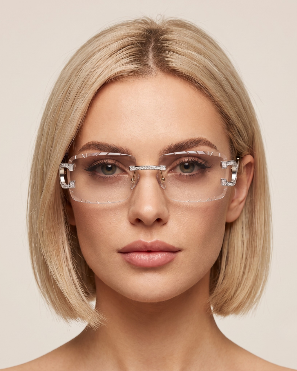 The Riviera Rimless Sunglasses with moissanite-set temples and stainless steel arms, worn on model