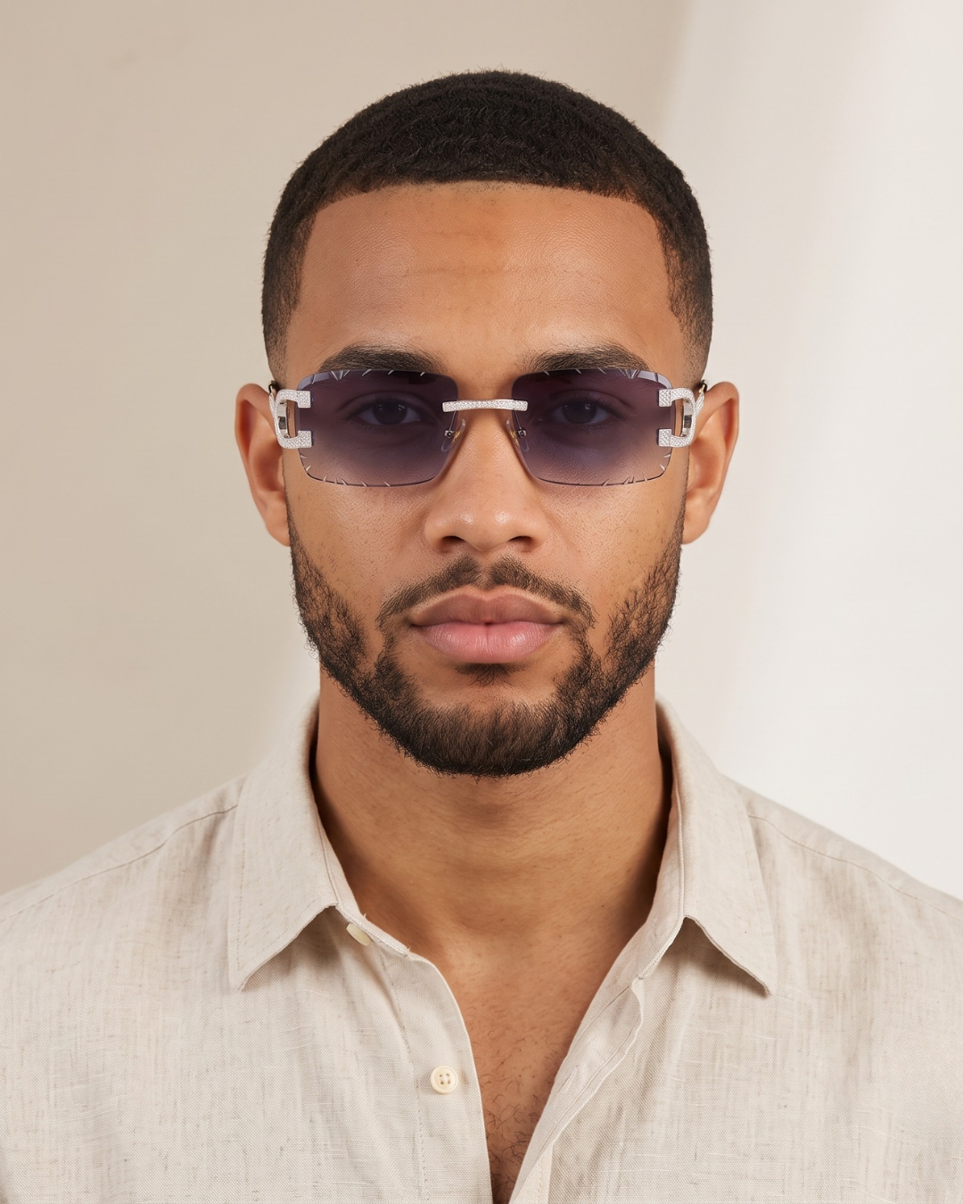 The Riviera Rimless Sunglasses with moissanite-set temples and stainless steel arms, view 7
