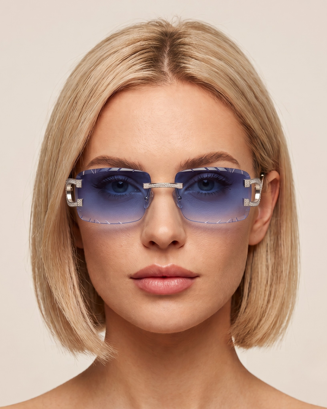 The Riviera Rimless Sunglasses with moissanite-set temples and stainless steel arms, worn on model