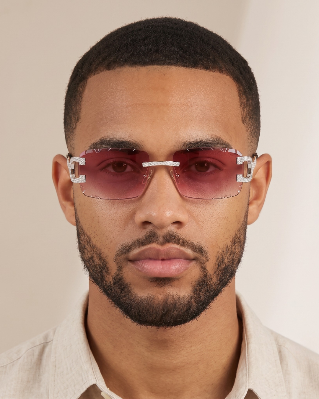 The Riviera Rimless Sunglasses with moissanite-set temples and stainless steel arms, view 9