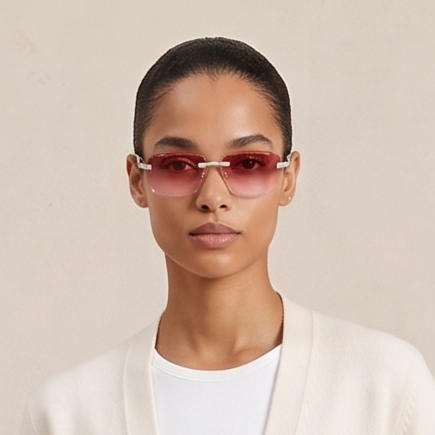 The Riviera Rimless Sunglasses, Wood Edition with moissanite-set temples and wood arms, view 10