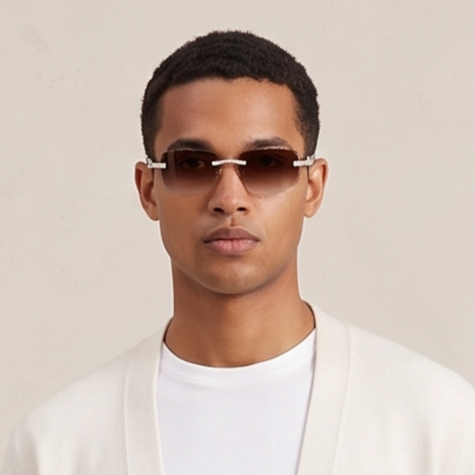 The Riviera Rimless Sunglasses, Wood Edition with moissanite-set temples and wood arms, view 11