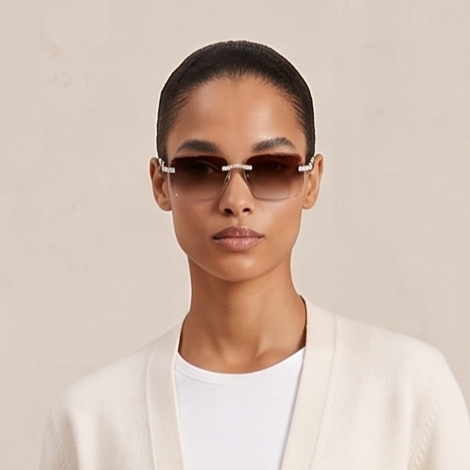 The Riviera Rimless Sunglasses, Wood Edition with moissanite-set temples and wood arms, view 12
