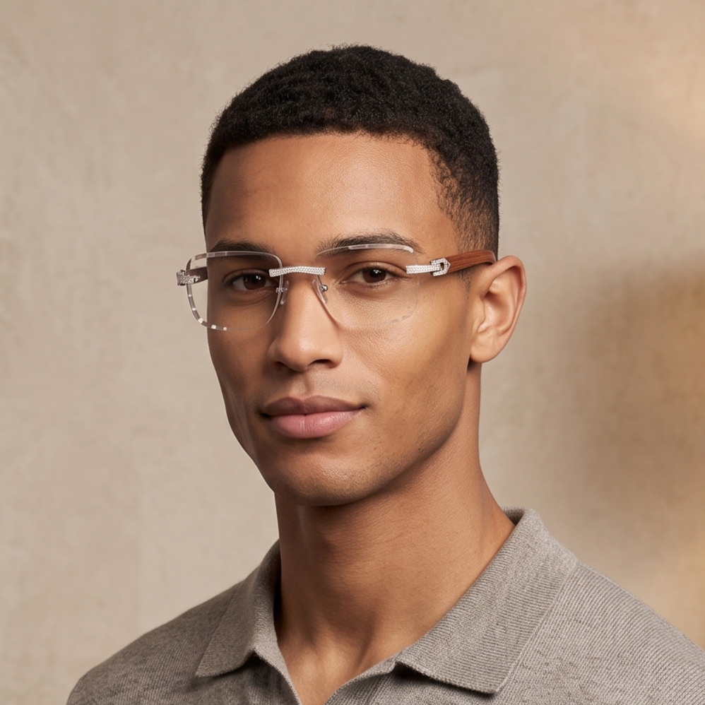 The Riviera Rimless Sunglasses, Wood Edition with moissanite-set temples and wood arms, view 5
