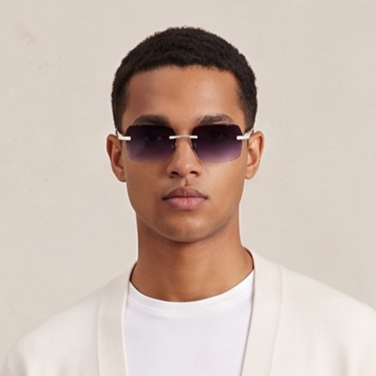 The Riviera Rimless Sunglasses, Wood Edition with moissanite-set temples and wood arms, view 7