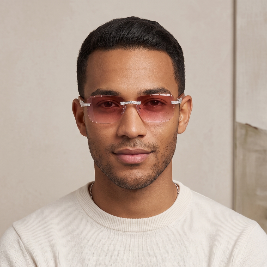 The Riviera Rimless Sunglasses, Wood Edition with moissanite-set temples and wood arms, view 9