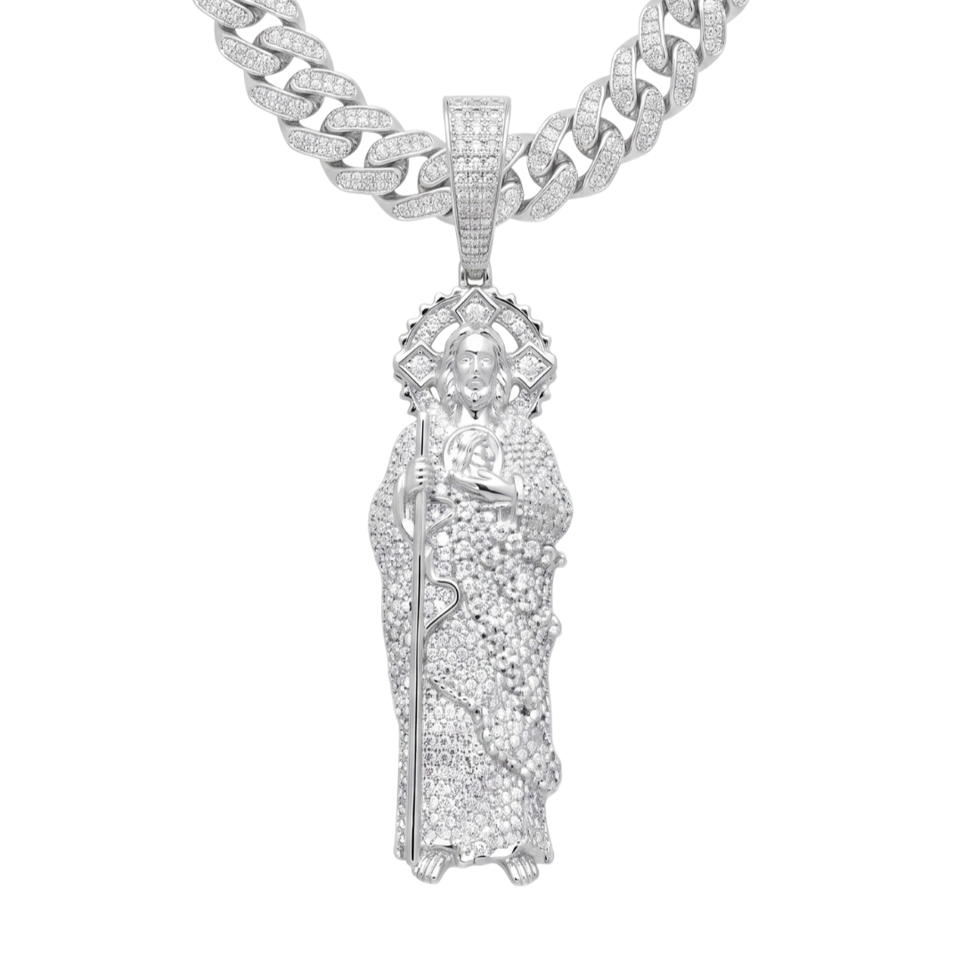 San Judas Pendant in 925 sterling silver with lab-grown moissanite, view 3