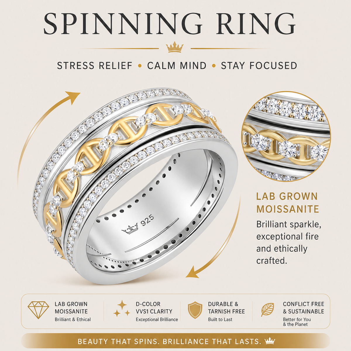Spin Ring in 925 sterling silver with moissanite or CZ, view 3